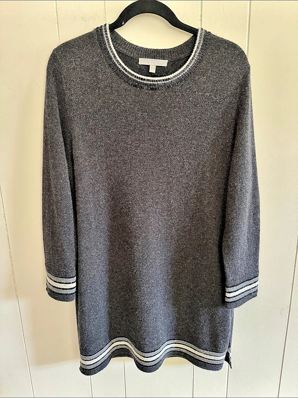 Neiman Marcus 100% Cashmere Tunic Sweater Dress Beaded Trim Large Quiet Luxury